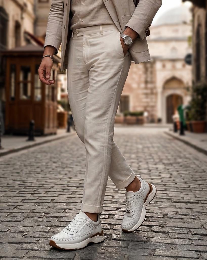 +7 cm Gizli Topuklu Beyaz Dokuma Detaylı Sneaker - Görsel 2