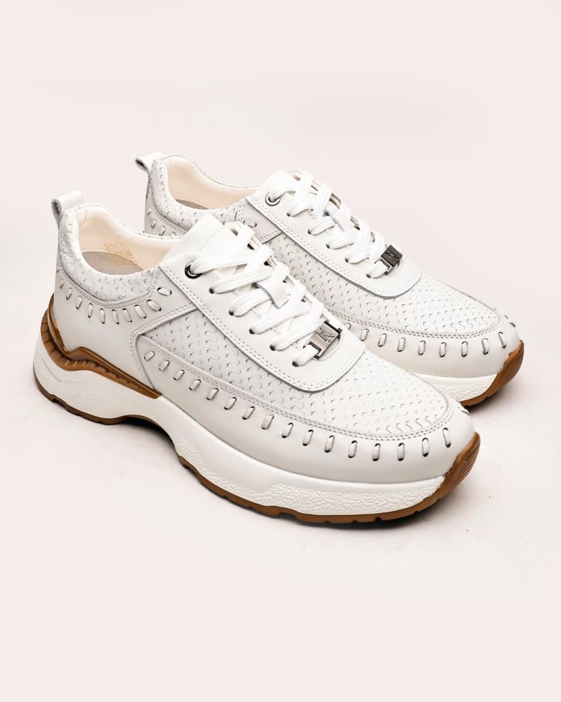 +7 cm Gizli Topuklu Beyaz Dokuma Detaylı Sneaker - Görsel 3