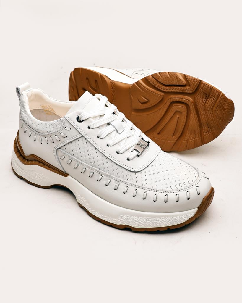 +7 cm Gizli Topuklu Beyaz Dokuma Detaylı Sneaker - Görsel 5