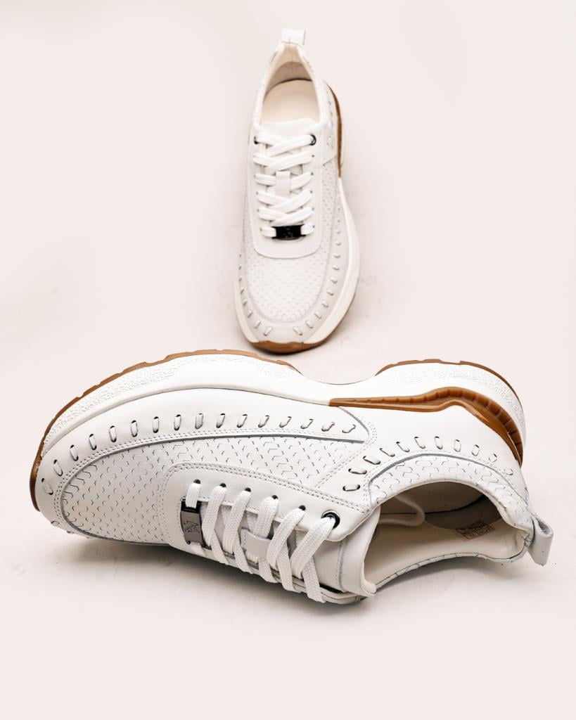 +7 cm Gizli Topuklu Beyaz Dokuma Detaylı Sneaker - Görsel 6