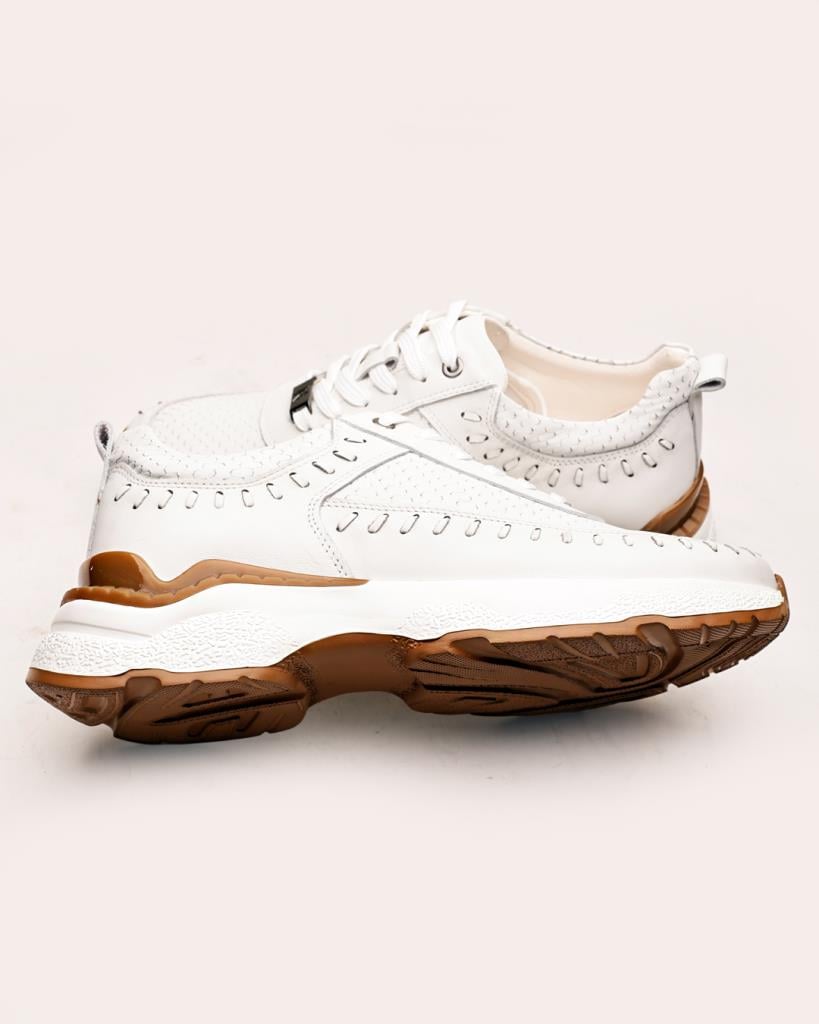 +7 cm Gizli Topuklu Beyaz Dokuma Detaylı Sneaker - Görsel 8