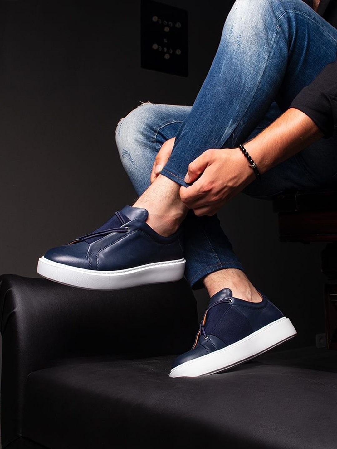 Lacivert Hakiki Deri Boy Uzatan Erkek Sneaker Ayakkabı – 5/7/9 CM Gizli Topuklu - Görsel 2