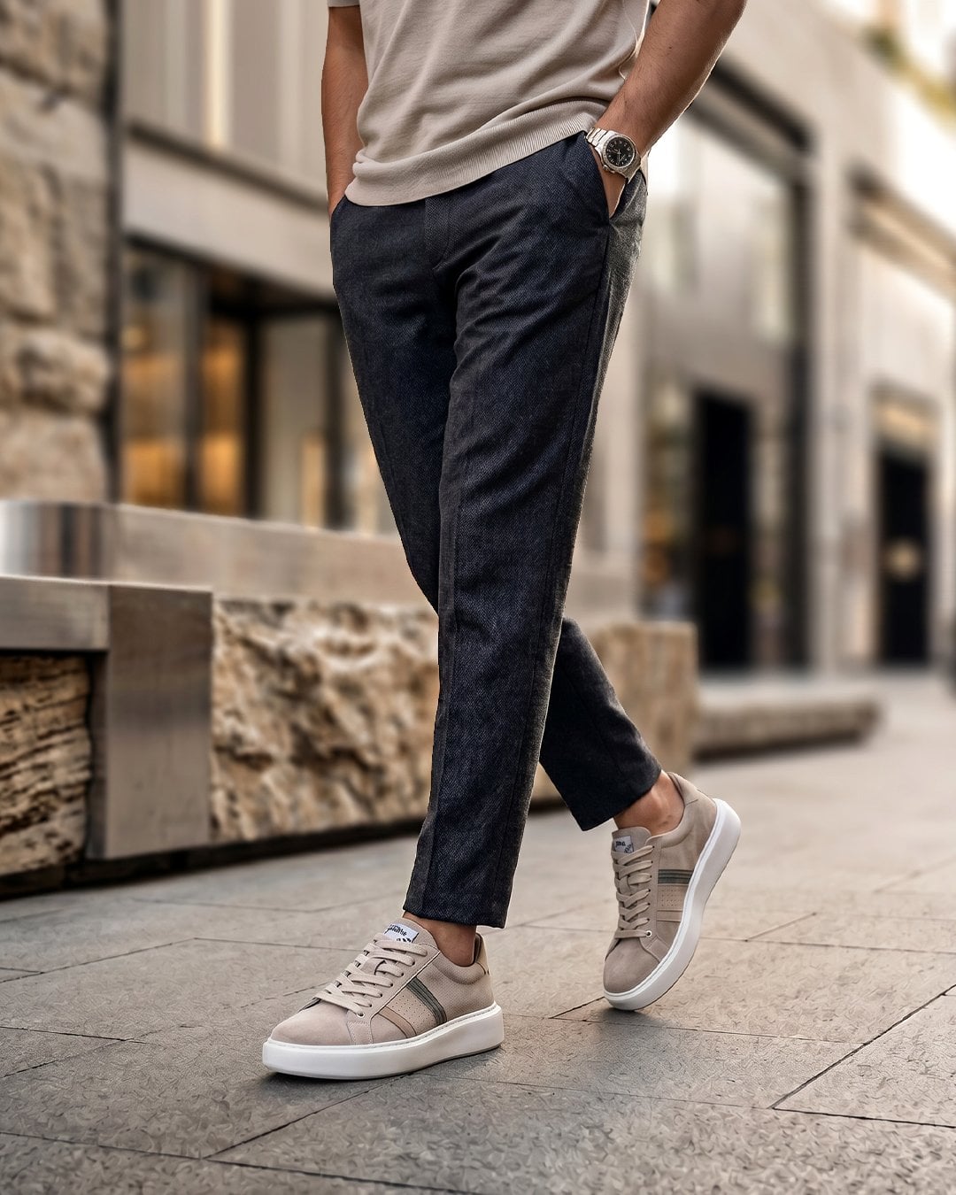 El Yapımı Bej Hakiki Deri Boy Uzatan Erkek Sneaker