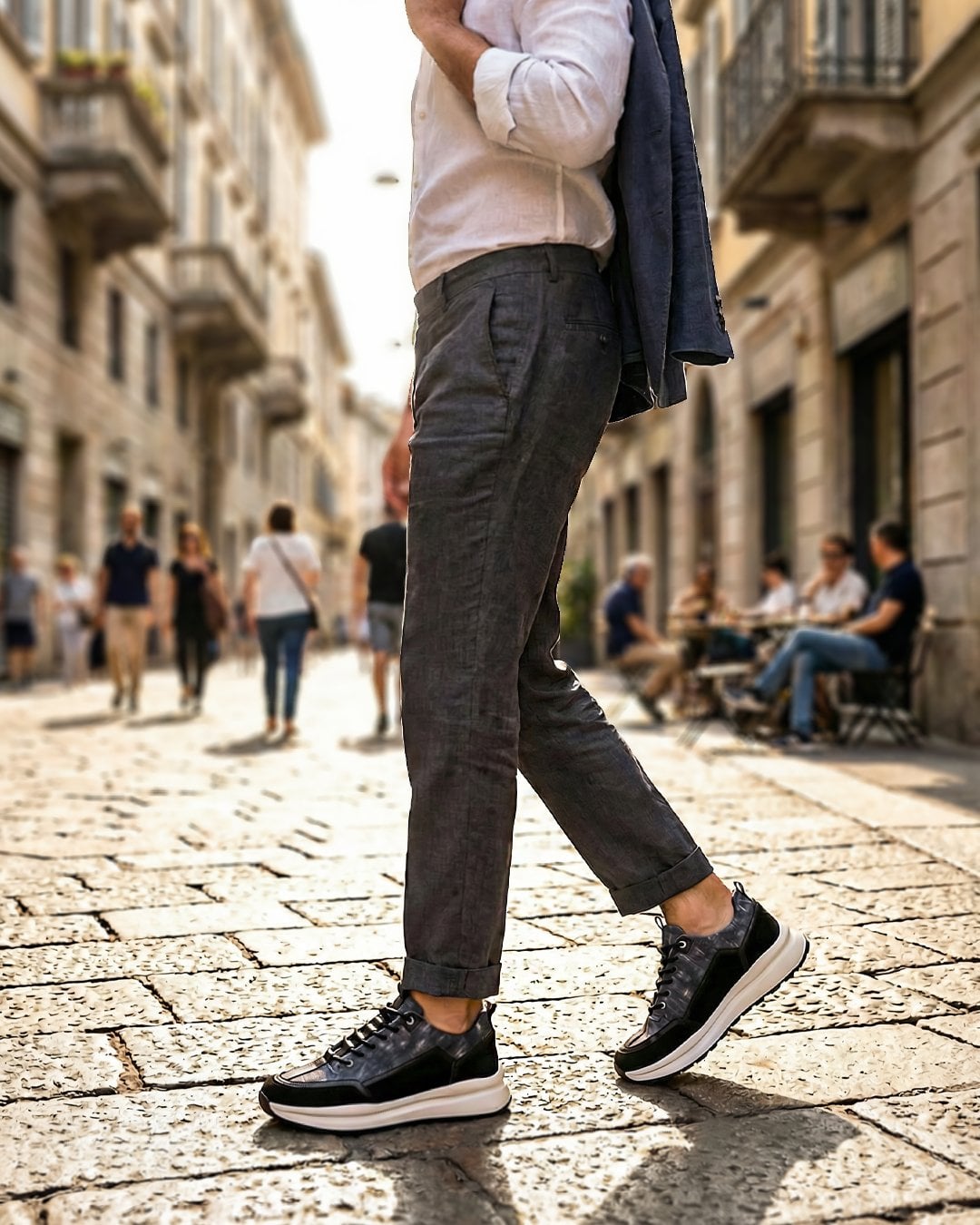 Siyah Gri Hakiki Deri Boy Uzatan Erkek Sneaker Ayakkabı