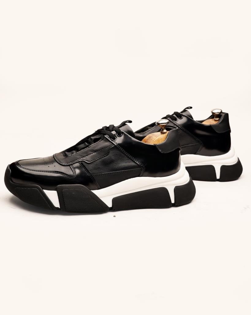 Rovento Siyah Beyaz Hakiki Deri Boy Uzatan Erkek Sneaker - Görsel 2
