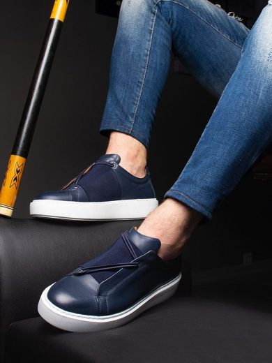 Lacivert Hakiki Deri Boy Uzatan Erkek Sneaker Ayakkabı – 5/7/9 CM Gizli Topuklu