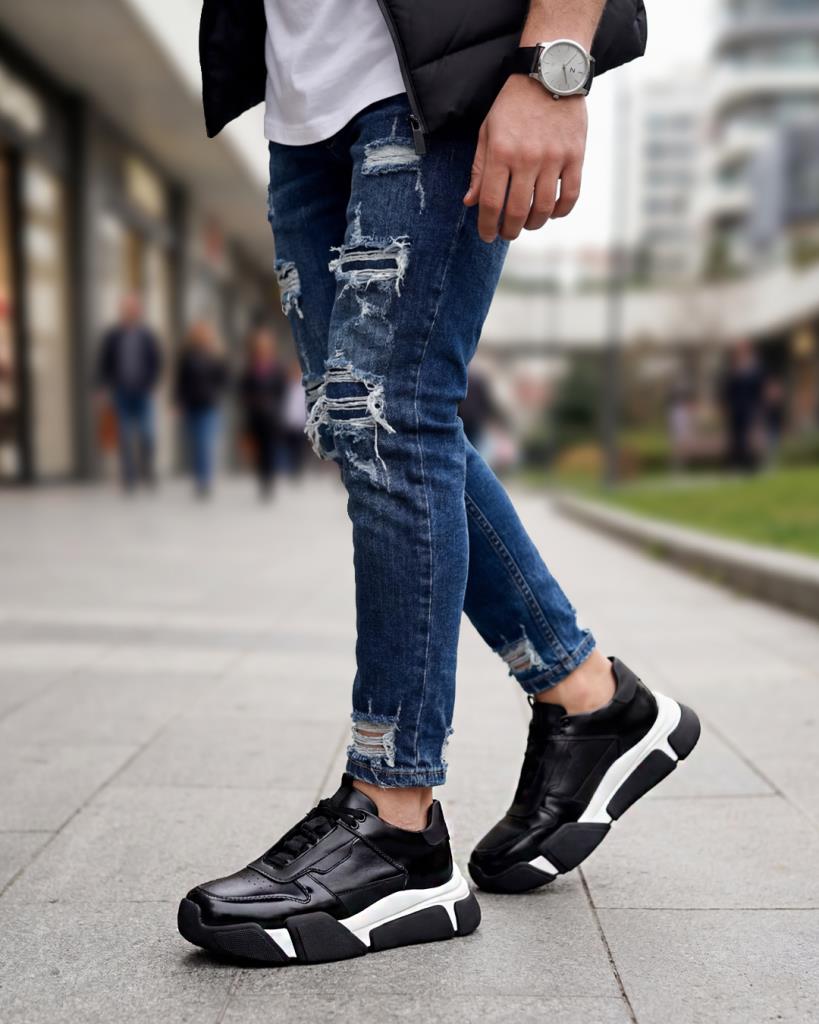 Rovento Siyah Beyaz Hakiki Deri Boy Uzatan Erkek Sneaker - Görsel 3