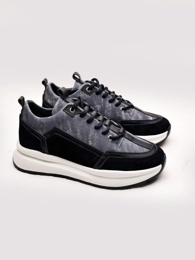 Siyah Gri Hakiki Deri Boy Uzatan Erkek Sneaker Ayakkabı
