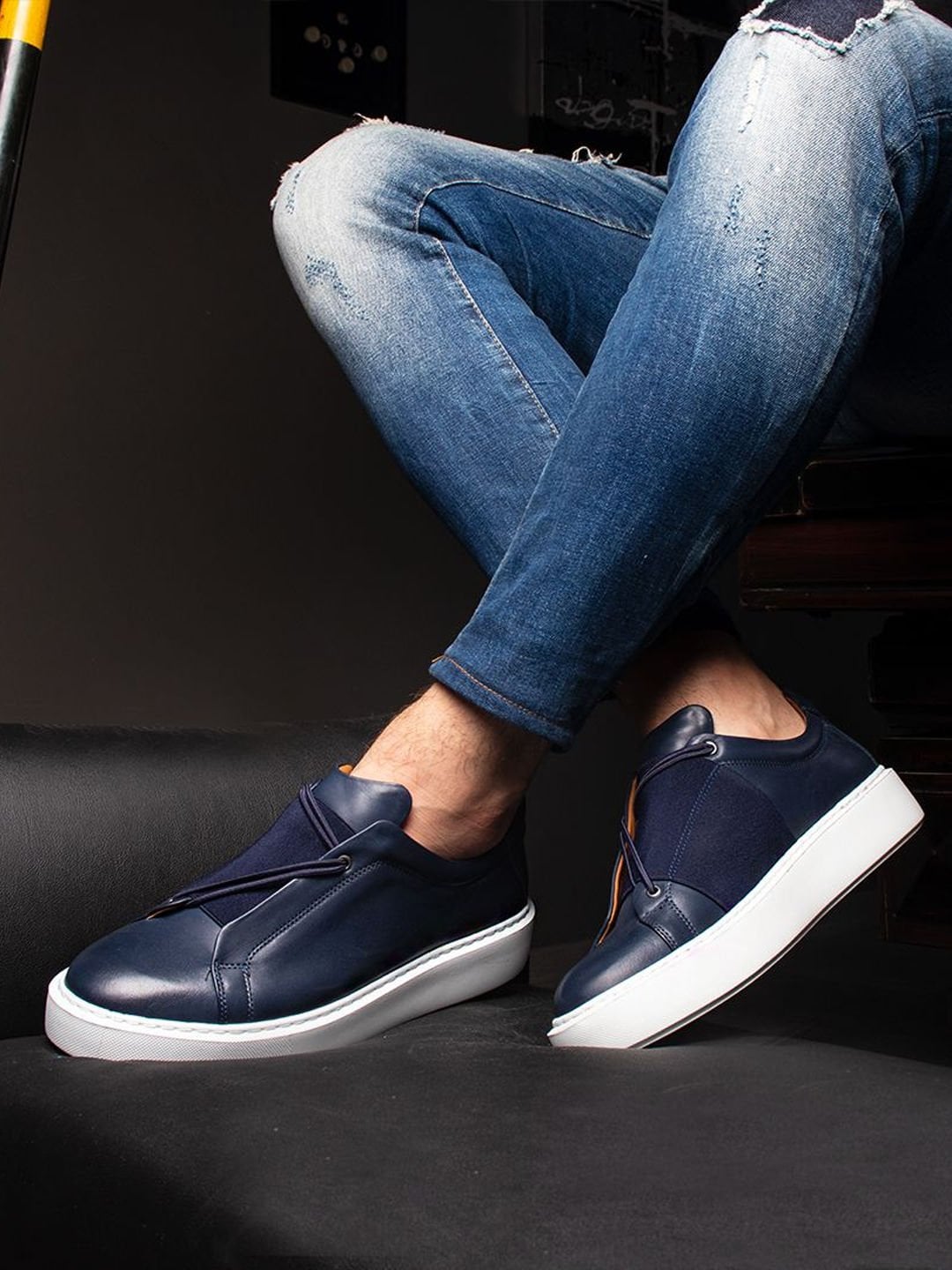 Lacivert Hakiki Deri Boy Uzatan Erkek Sneaker Ayakkabı – 5/7/9 CM Gizli Topuklu - Görsel 4