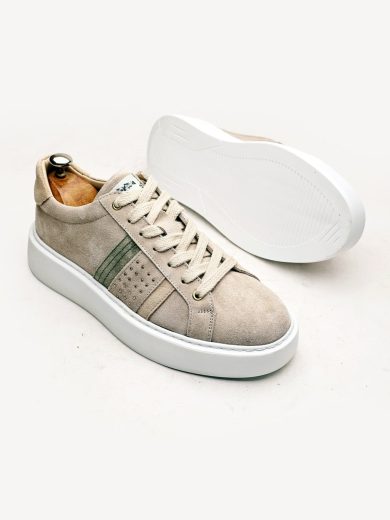 El Yapımı Bej Hakiki Deri Boy Uzatan Erkek Sneaker