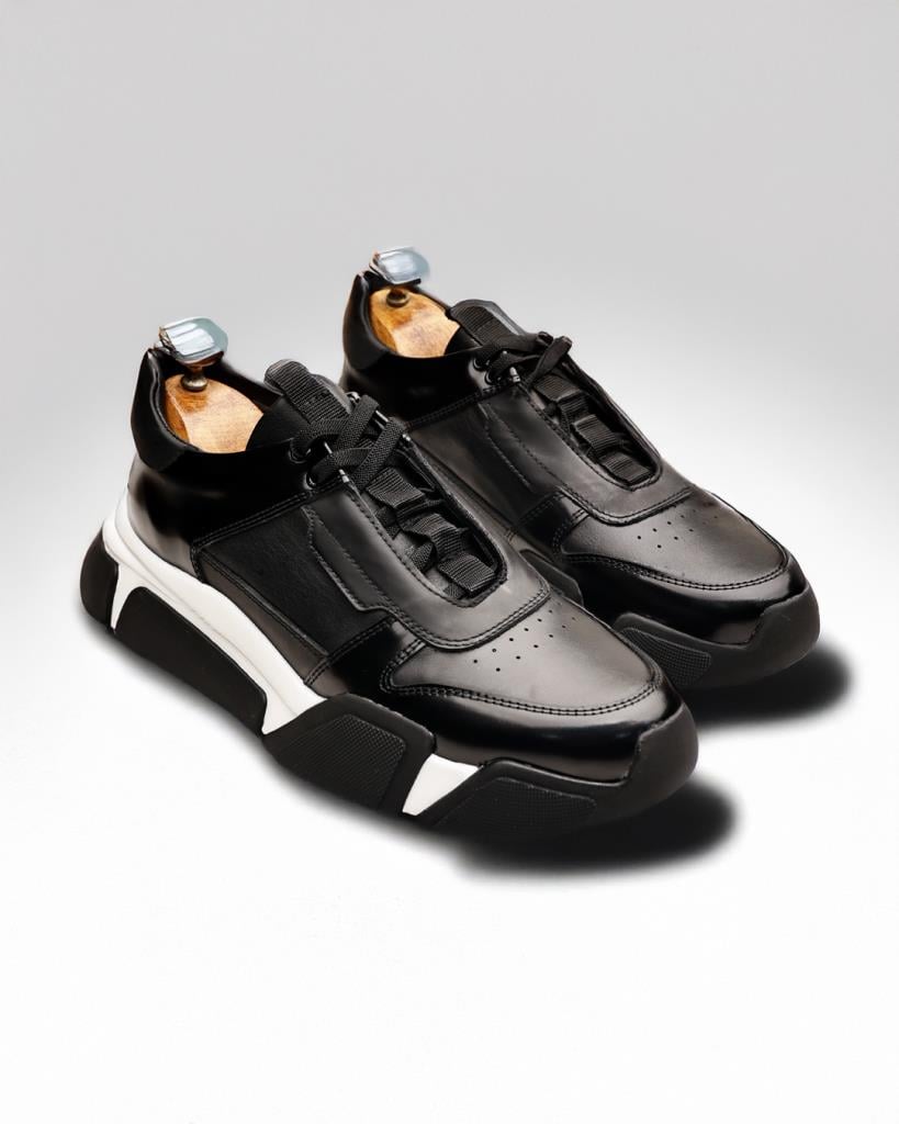 Rovento Siyah Beyaz Hakiki Deri Boy Uzatan Erkek Sneaker - Görsel 4
