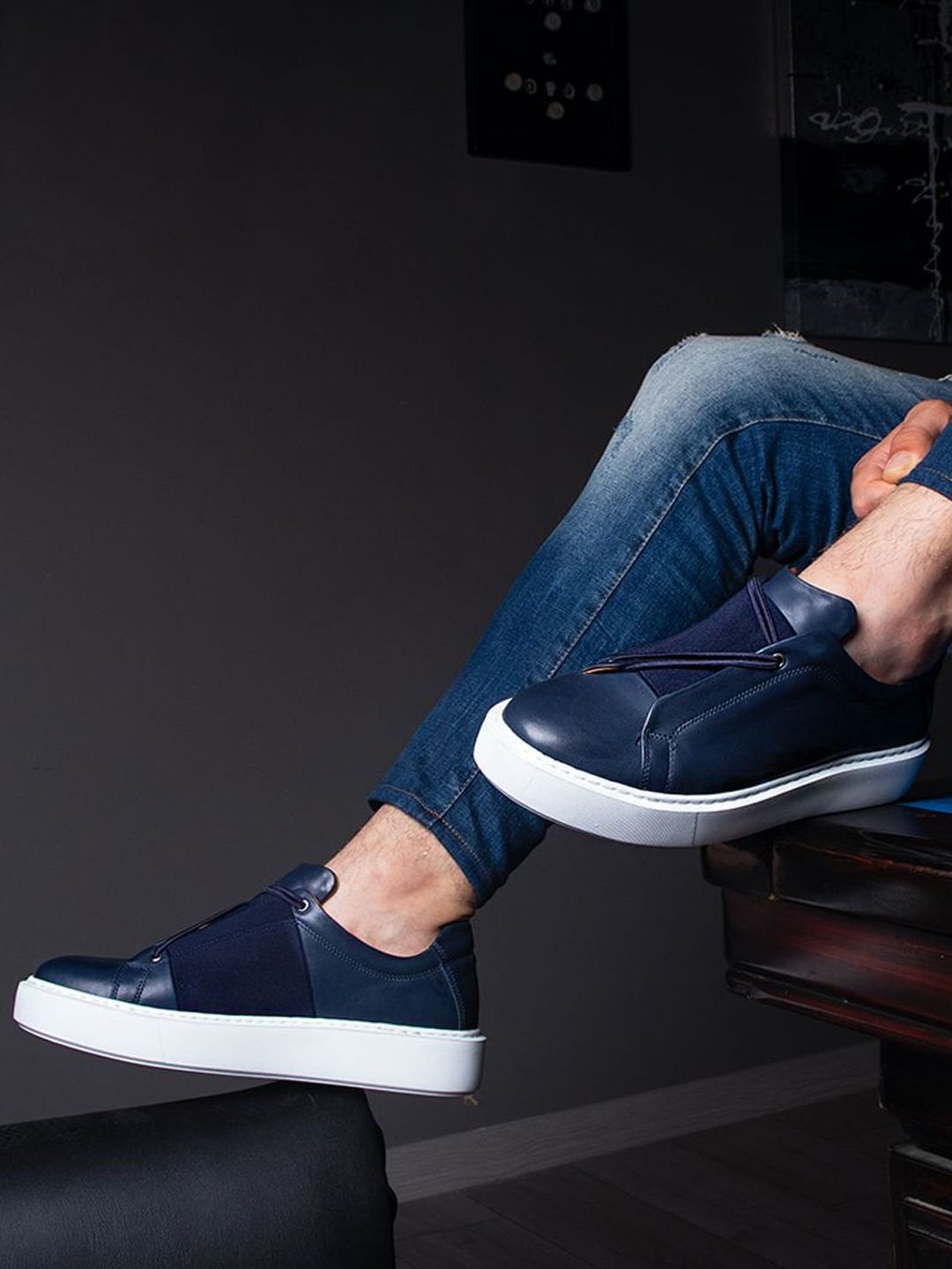 Lacivert Hakiki Deri Boy Uzatan Erkek Sneaker Ayakkabı – 5/7/9 CM Gizli Topuklu - Görsel 5