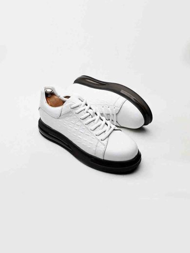 Beyaz Kroko Desenli Hakiki Deri Boy Uzatan Erkek Sneaker