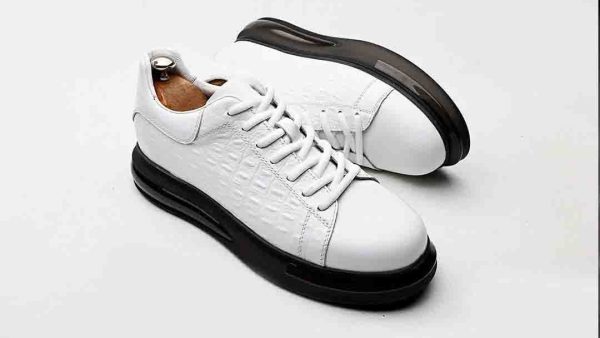 Beyaz Kroko Desenli Hakiki Deri Boy Uzatan Erkek Sneaker