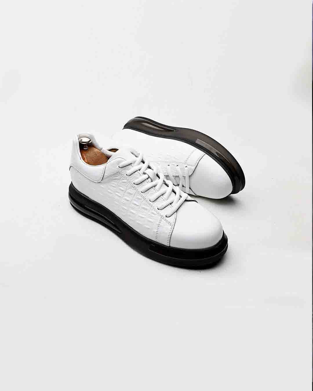 Beyaz Kroko Desenli Hakiki Deri Boy Uzatan Erkek Sneaker