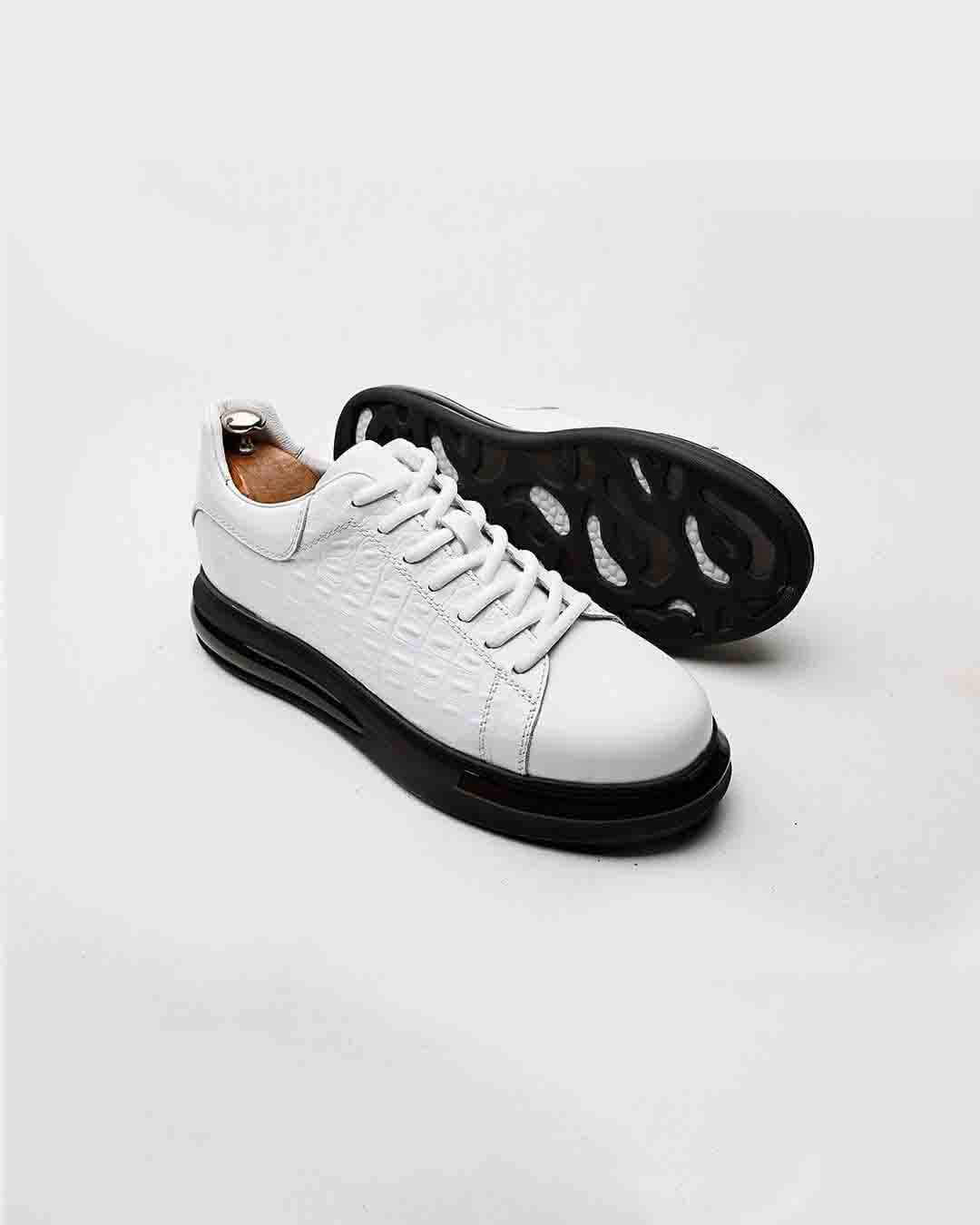 Beyaz Kroko Desenli Hakiki Deri Boy Uzatan Erkek Sneaker - Görsel 4