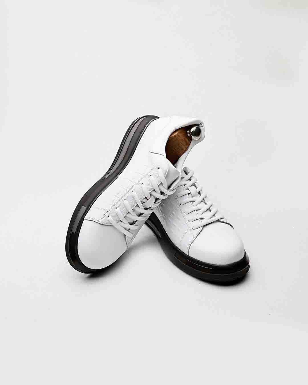 Beyaz Kroko Desenli Hakiki Deri Boy Uzatan Erkek Sneaker - Görsel 6
