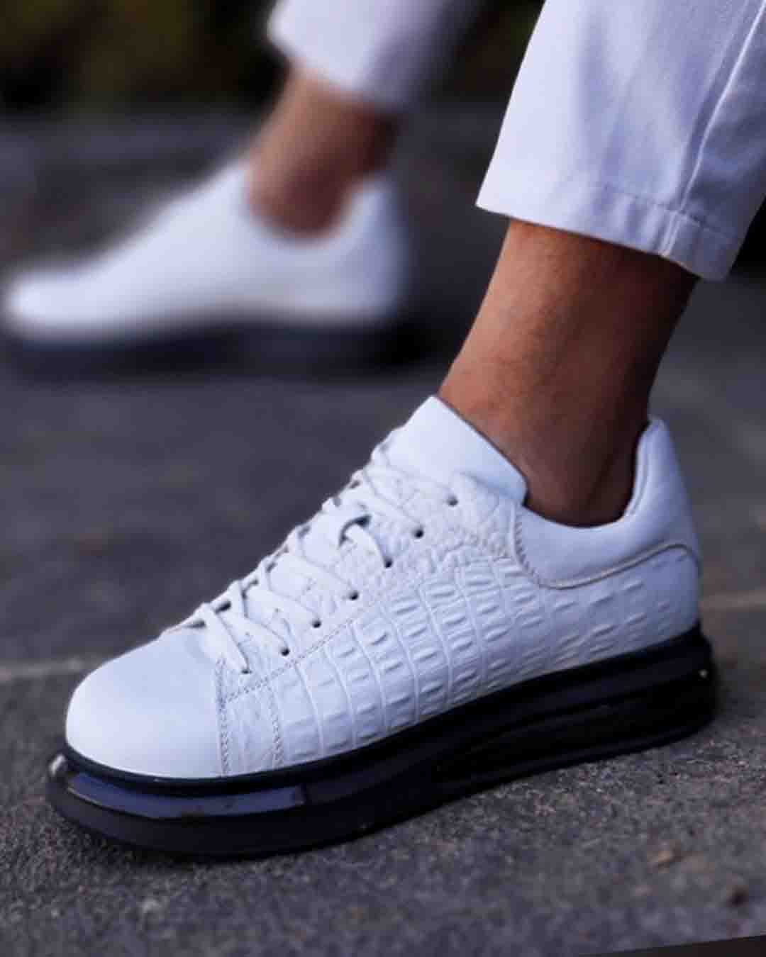 Beyaz Kroko Desenli Hakiki Deri Boy Uzatan Erkek Sneaker - Görsel 5