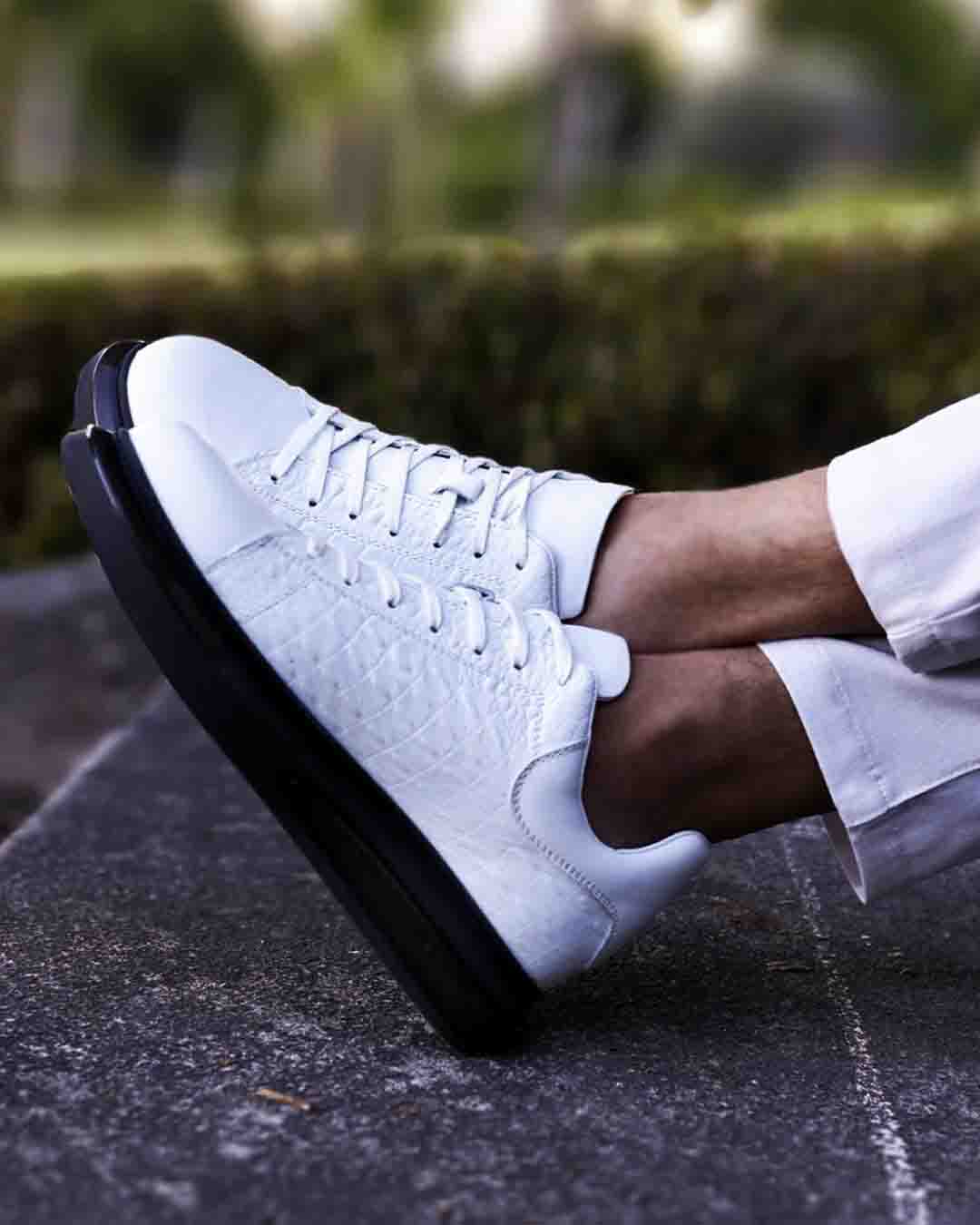 Beyaz Kroko Desenli Hakiki Deri Boy Uzatan Erkek Sneaker - Görsel 3