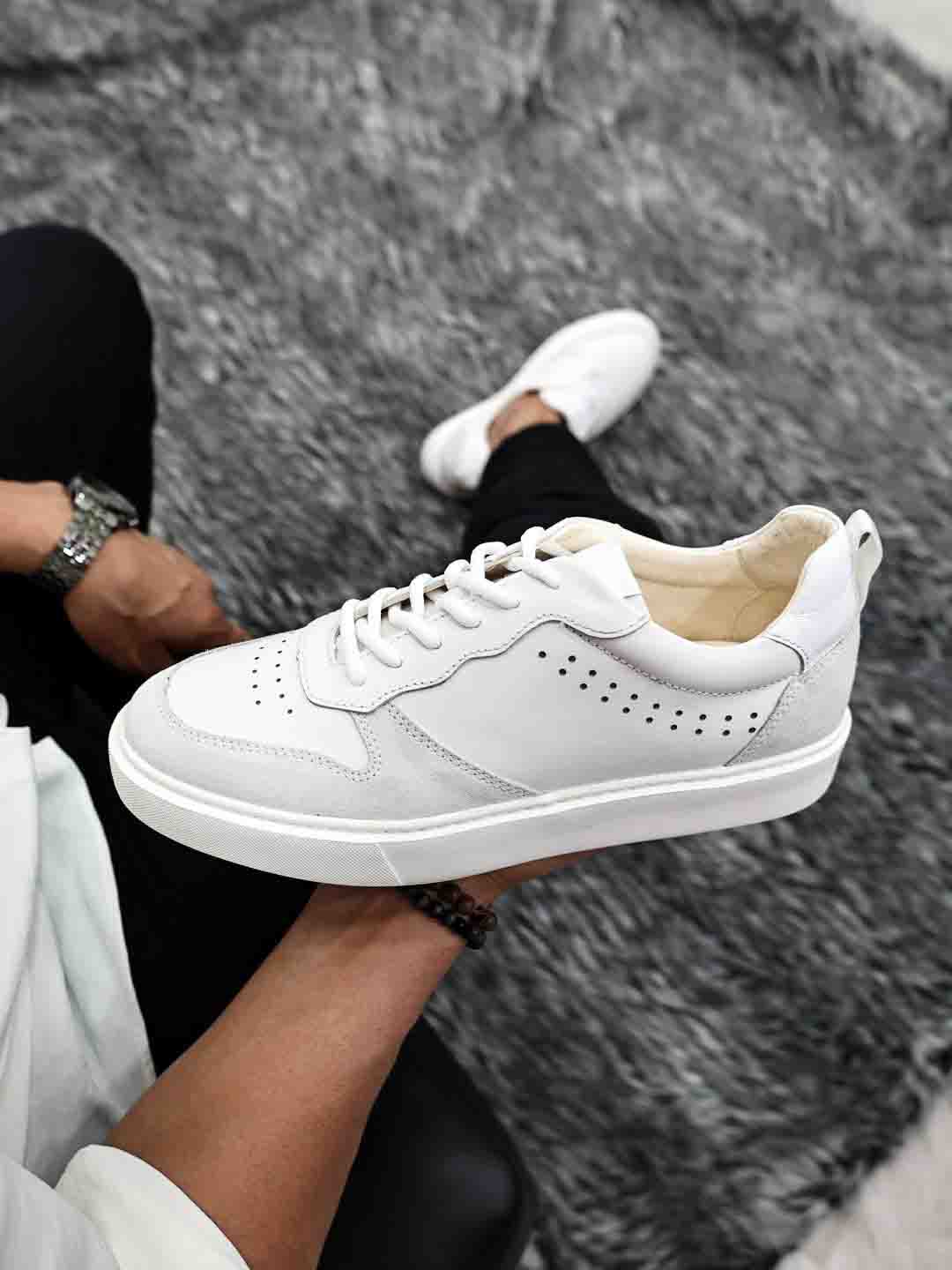 Beyaz Gri Süet Detaylı Hakiki Deri Boy Uzatan Erkek Sneaker - Görsel 3