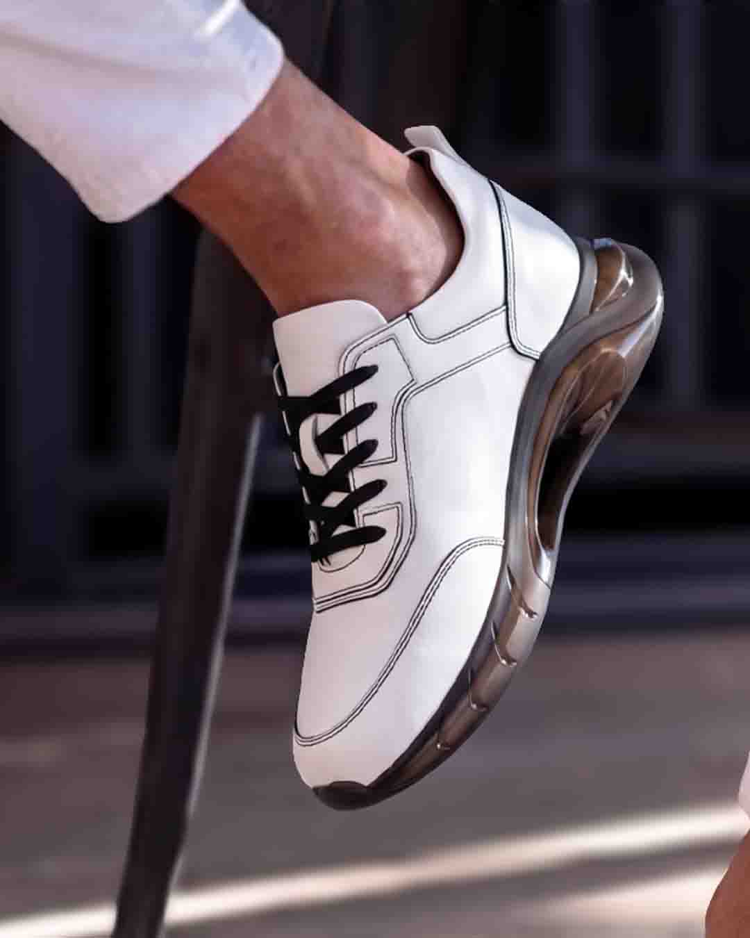 Beyaz Siyah Air Tabanlı Hakiki Deri Boy Uzatan Erkek Sneaker - Görsel 5