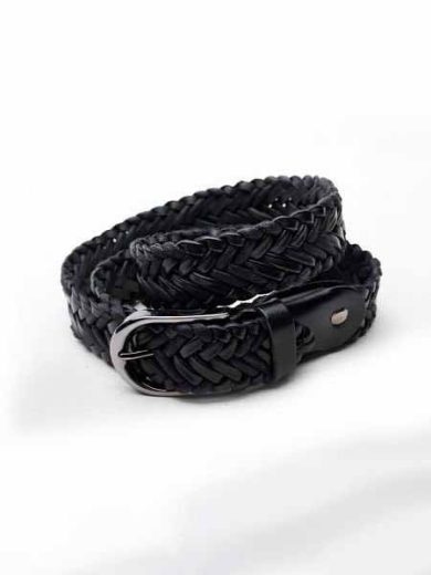 Siyah Örgü Erkek Kemer Oval Metal Tokalı Casual Model
