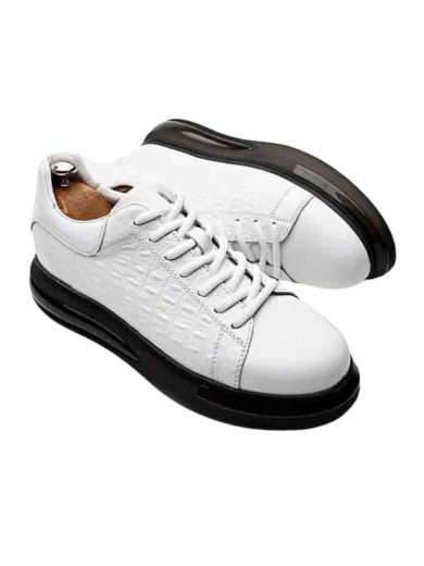 Beyaz Kroko Desenli Hakiki Deri Boy Uzatan Erkek Sneaker