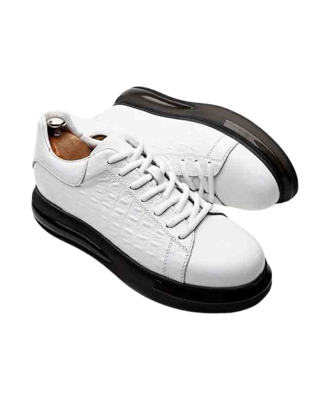 Beyaz Kroko Desenli Hakiki Deri Boy Uzatan Erkek Sneaker